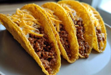 Four crispy tacos filled with seasoned ground beef, creamy filling, and shredded cheese, showcasing the Cheesy Ground Beef Tacos recipe.
