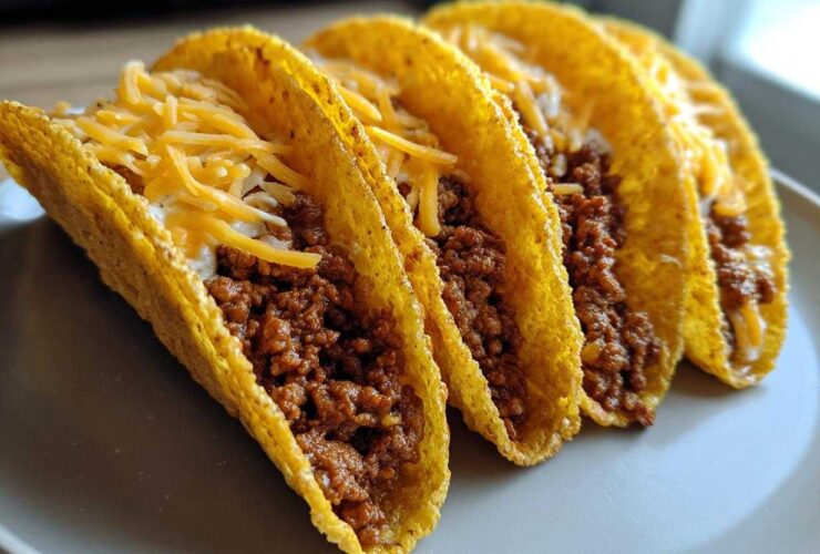 Four crispy tacos filled with seasoned ground beef, creamy filling, and shredded cheese, showcasing the Cheesy Ground Beef Tacos recipe.