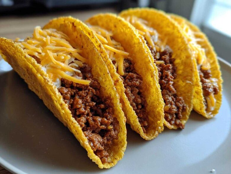 Four crispy tacos filled with seasoned ground beef, creamy filling, and shredded cheese, showcasing the Cheesy Ground Beef Tacos recipe.