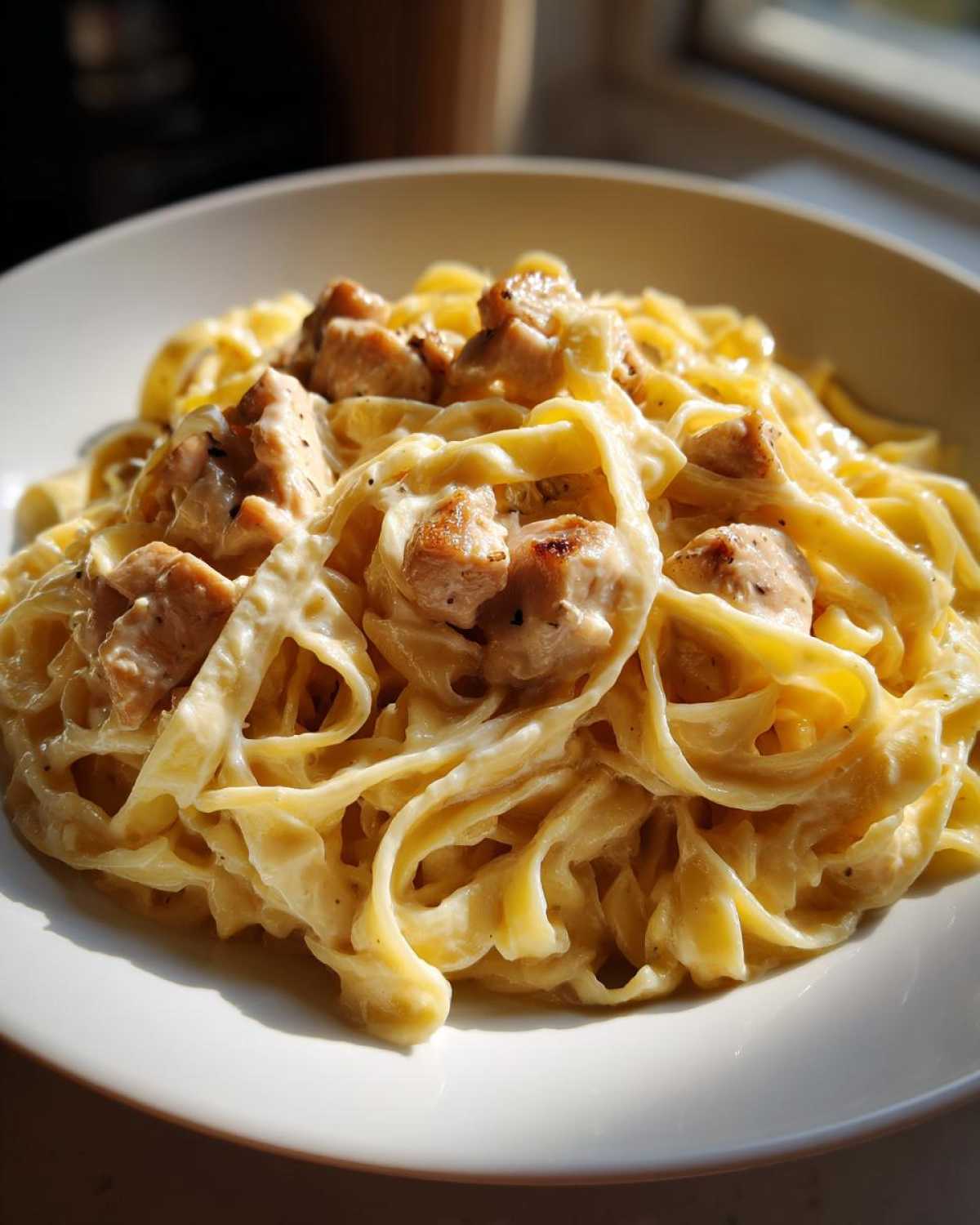 Close-up of fettuccine noodles coated in rich sauce with chunks of seared chicken, perfect for a Creamy Alfredo Chicken Pasta Easy Recipe.