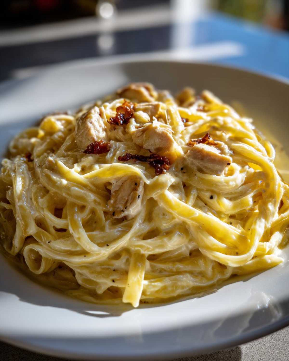 Close-up of a white bowl filled with Creamy Alfredo Chicken Pasta Easy Recipe, topped with chicken pieces and dark spices.