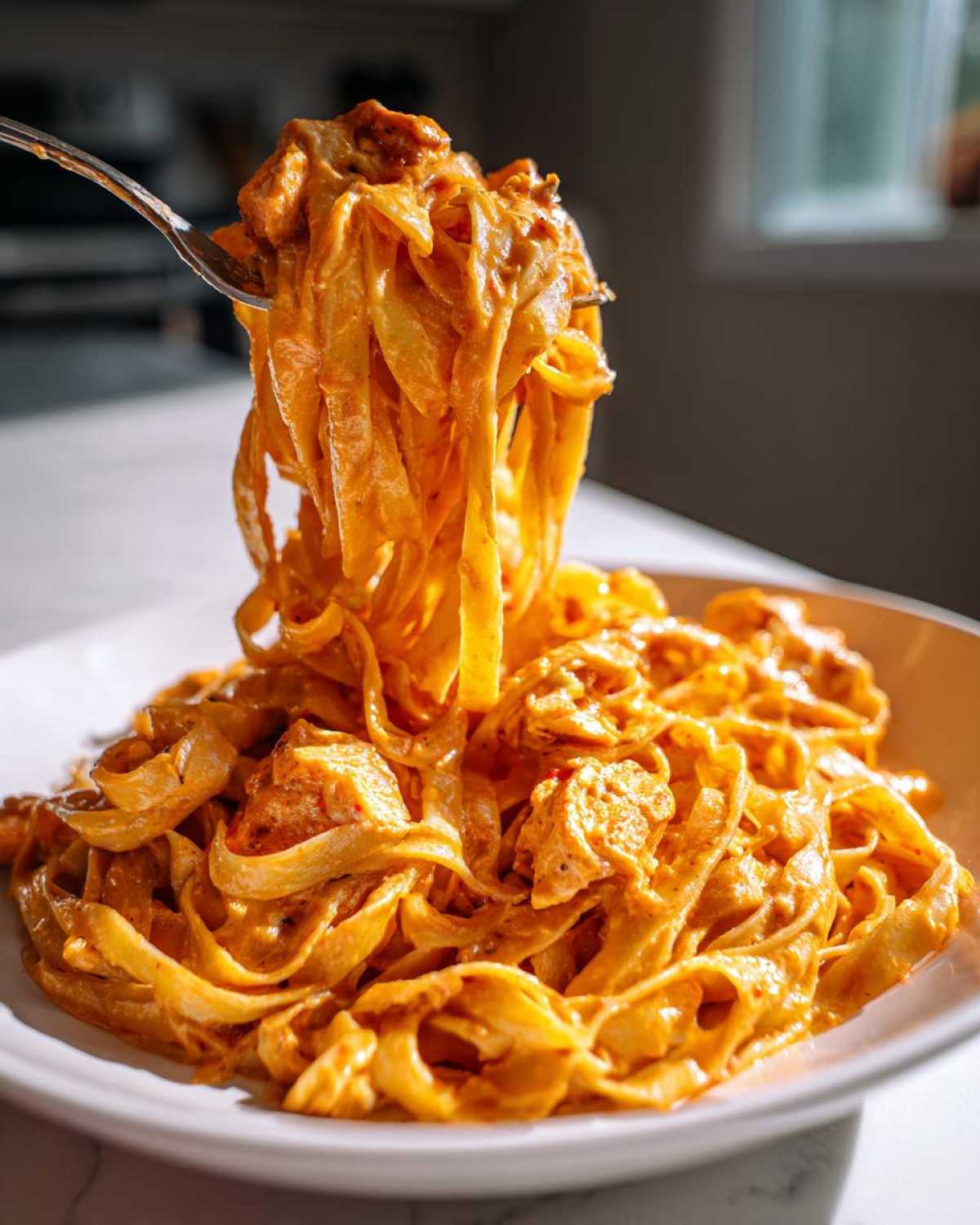 A fork lifting a generous portion of Creamy Cajun Chicken Alfredo pasta coated in rich, orange sauce.