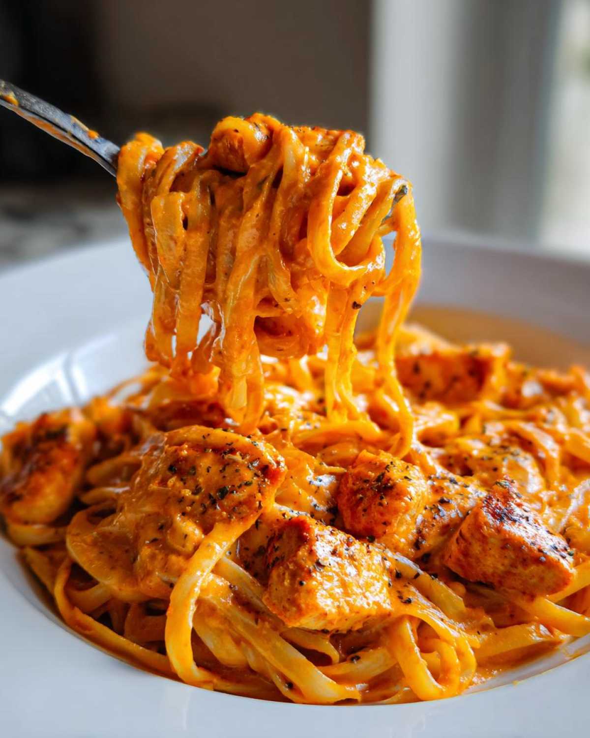 A fork lifting fettuccine coated in rich, orange sauce with chunks of seasoned chicken from a bowl of Creamy Cajun Chicken Alfredo.