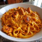 Close-up of Creamy Cajun Chicken Alfredo featuring fettuccine pasta coated in a rich orange sauce with seared chicken pieces.