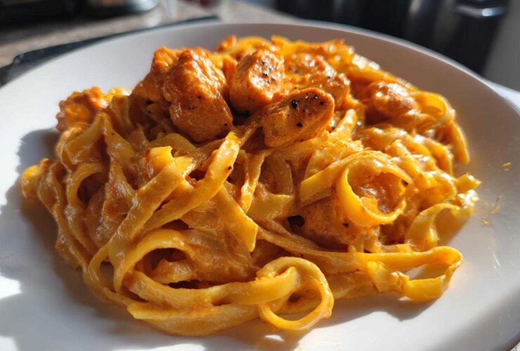 Close-up of Creamy Cajun Chicken Alfredo featuring fettuccine pasta coated in a rich, orange-hued sauce with chunks of seasoned chicken.