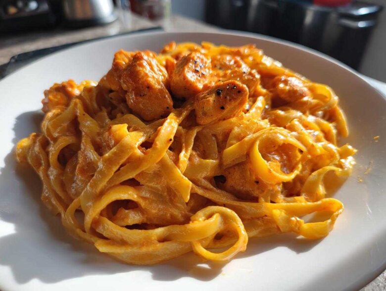 Close-up of Creamy Cajun Chicken Alfredo featuring fettuccine pasta coated in a rich, orange-hued sauce with chunks of seasoned chicken.