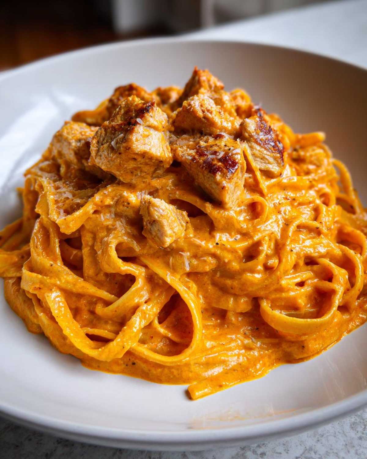 Close-up of fettuccine pasta coated in rich, orange-hued Creamy Cajun Chicken Alfredo sauce, topped with seasoned chicken pieces.