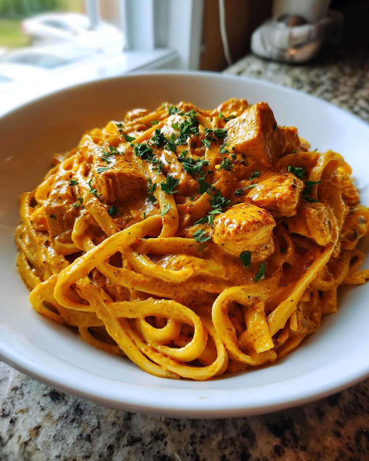 A close-up of a white bowl filled with rich, orange-hued Creamy Cajun Chicken Pasta Bold and Creamy, garnished with parsley.