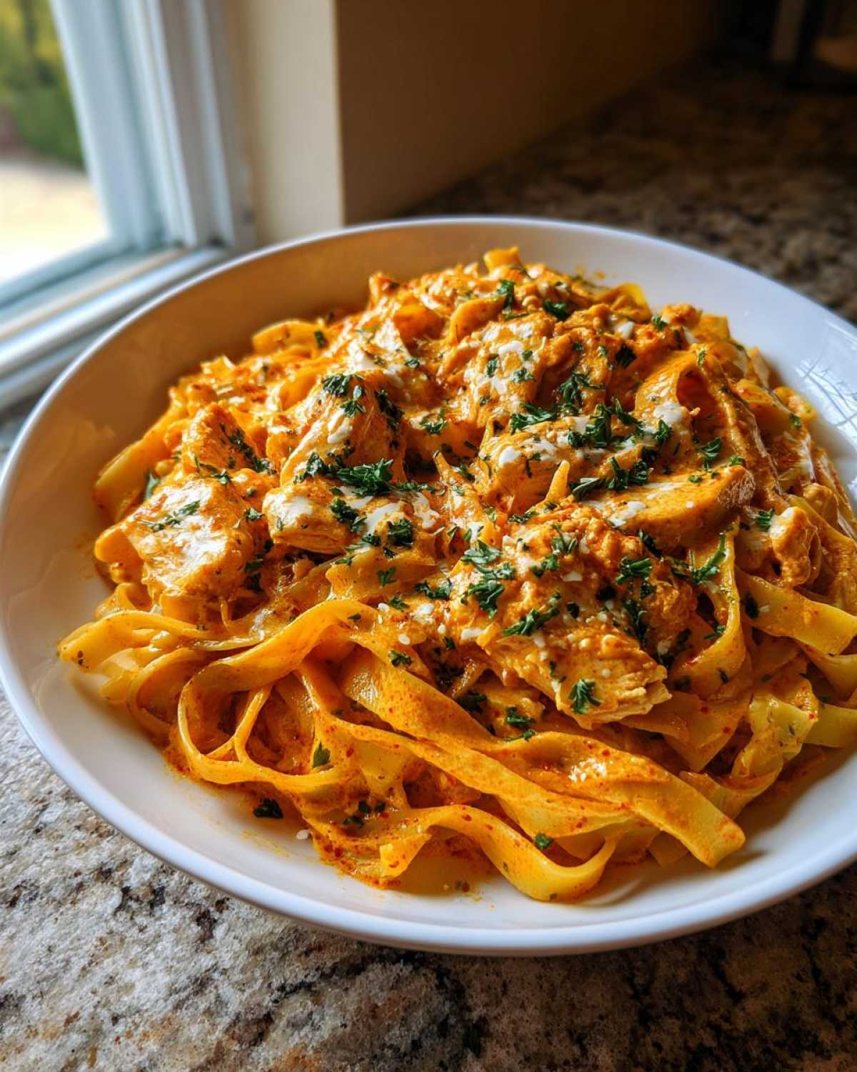 A close-up of a white bowl filled with rich, orange-hued Creamy Cajun Chicken Pasta featuring fettuccine noodles and topped with fresh parsley.