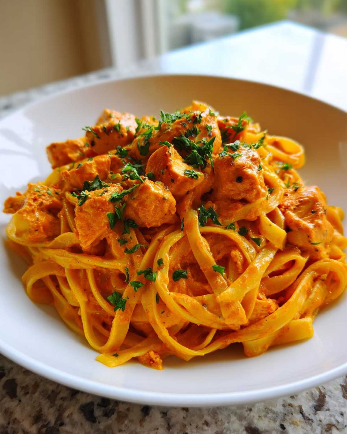 Close-up of Creamy Cajun Chicken Pasta featuring fettuccine coated in a vibrant orange sauce with seasoned chicken pieces and parsley.