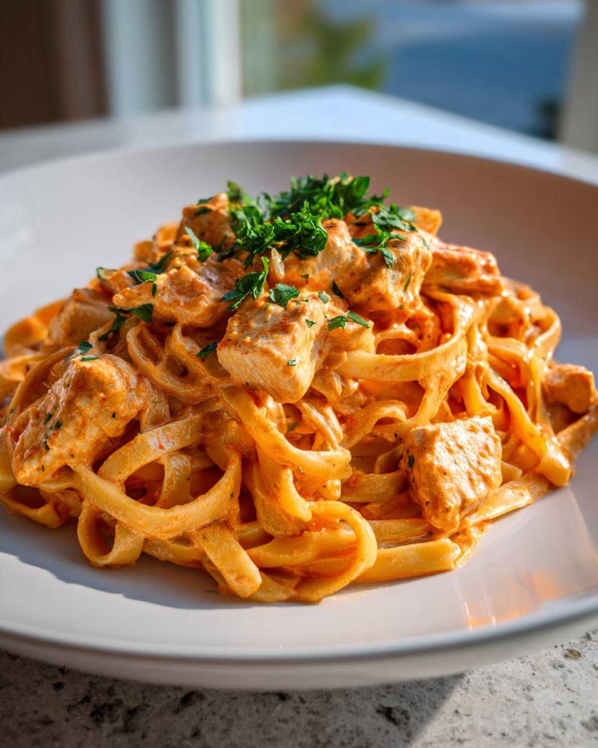 A close-up of Creamy Cajun Chicken Pasta featuring fettuccine coated in a rich, orange sauce with chunks of chicken, topped with fresh parsley.