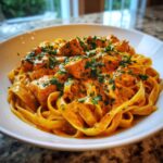 A close-up of a white bowl filled with Creamy Cajun Chicken Pasta Bold and Creamy, topped with fresh parsley.