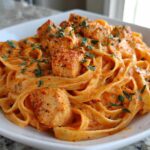 Close-up of Creamy Cajun Chicken Pasta featuring fettuccine noodles coated in a rich, orange-hued sauce with seasoned chicken pieces and parsley.