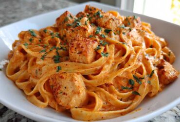 Close-up of Creamy Cajun Chicken Pasta featuring fettuccine noodles coated in a rich, orange-hued sauce with seasoned chicken pieces and parsley.