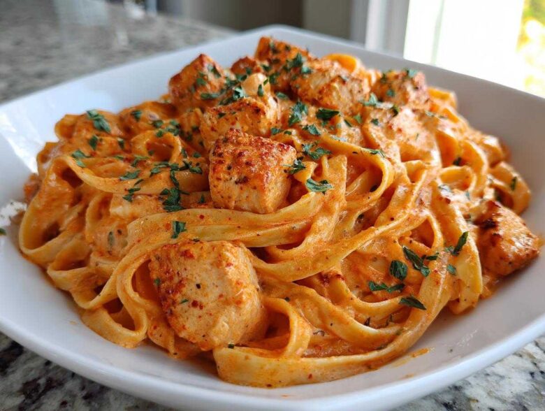 Close-up of Creamy Cajun Chicken Pasta featuring fettuccine noodles coated in a rich, orange-hued sauce with seasoned chicken pieces and parsley.