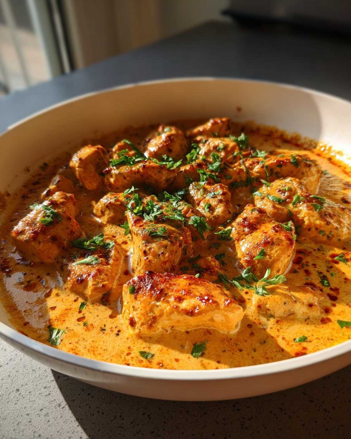 Close-up of browned chicken pieces swimming in a rich, orange-hued Creamy Cajun Chicken Skillet sauce, garnished with fresh parsley.