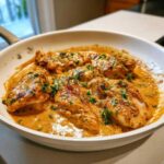 Several pieces of seared chicken breasts swimming in a rich, orange-hued Creamy Cajun Chicken Skillet sauce, garnished with parsley.