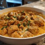 Close-up of juicy chicken pieces coated in a rich, orange Creamy Cajun Chicken Skillet sauce, garnished with parsley.