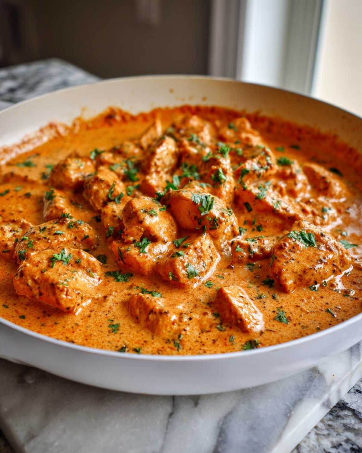 Close-up of tender chicken pieces coated in a vibrant, orange-hued Creamy Cajun Chicken Skillet with Cream Sauce.