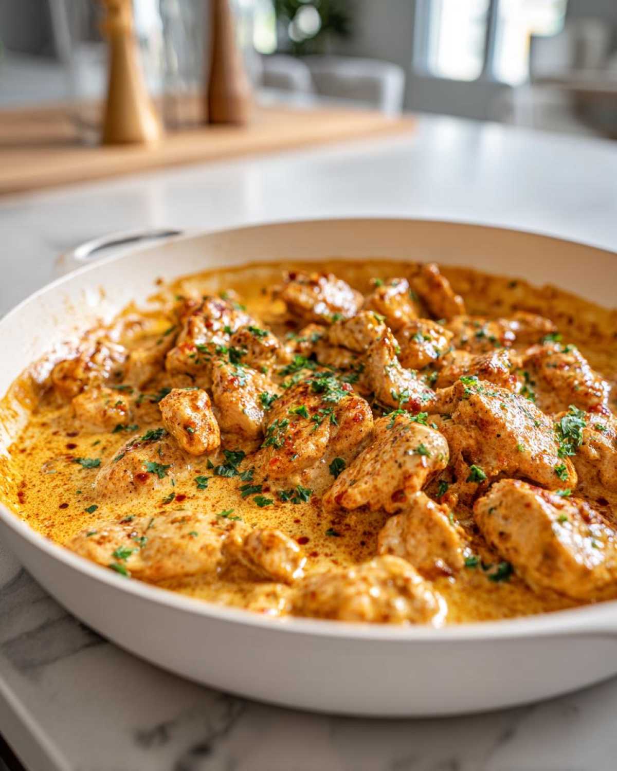 Close-up of seasoned chicken pieces coated in a rich, orange-hued Creamy Cajun Chicken Skillet sauce, garnished with parsley.