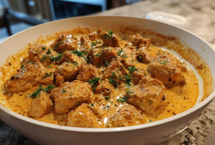 Close-up of juicy chicken pieces coated in a rich, orange Creamy Cajun Chicken Skillet sauce, garnished with parsley.