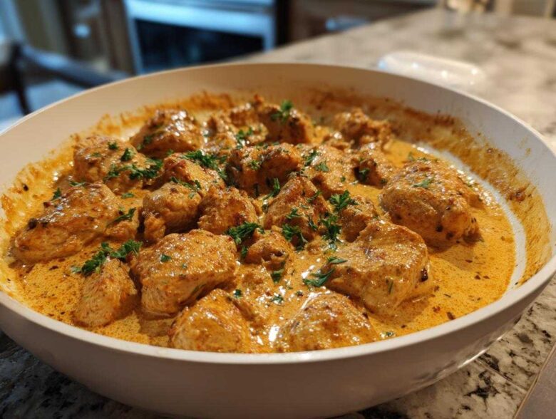 Close-up of juicy chicken pieces coated in a rich, orange Creamy Cajun Chicken Skillet sauce, garnished with parsley.