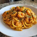 Close-up of a serving of Creamy Cajun Shrimp Pasta Bold Flavor, featuring linguine tossed in a rich sauce with seasoned shrimp, garnished with parsley.