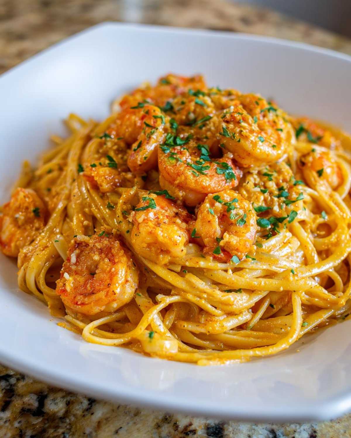 Close-up of a white bowl filled with Creamy Cajun Shrimp Pasta Bold Flavor, topped with seasoned shrimp and parsley.
