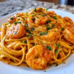 A close-up of a white plate piled high with fettuccine coated in a rich, orange-hued sauce, topped with seasoned shrimp and fresh parsley, showcasing the Creamy Cajun Shrimp Pasta Bold Flavor.