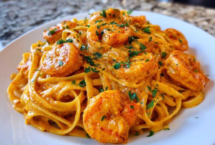 A close-up of a white plate piled high with fettuccine coated in a rich, orange-hued sauce, topped with seasoned shrimp and fresh parsley, showcasing the Creamy Cajun Shrimp Pasta Bold Flavor.