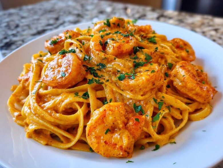 A close-up of a white plate piled high with fettuccine coated in a rich, orange-hued sauce, topped with seasoned shrimp and fresh parsley, showcasing the Creamy Cajun Shrimp Pasta Bold Flavor.
