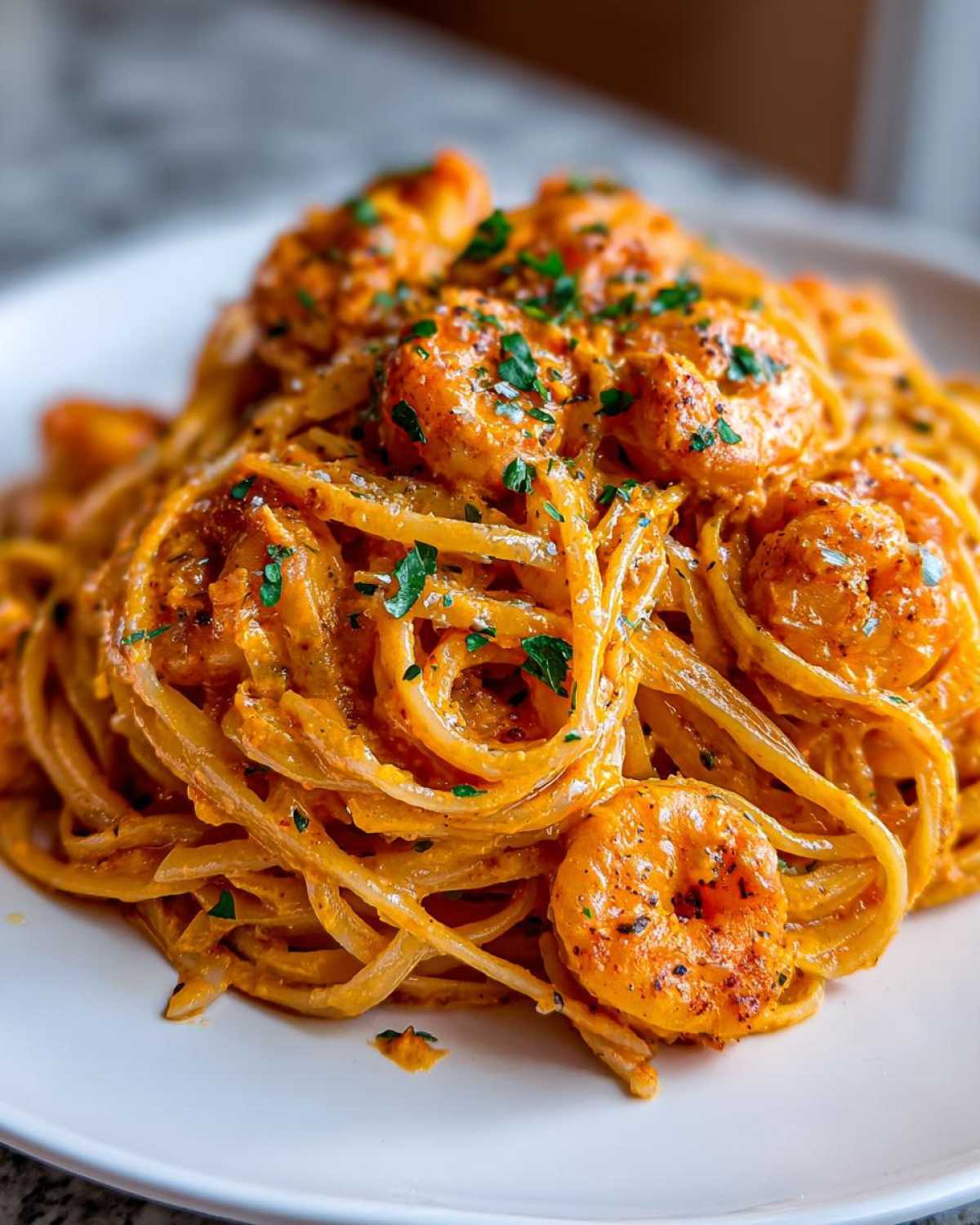 Close-up of a plate piled high with Creamy Cajun Shrimp Pasta Bold Flavor, topped with seasoned shrimp and fresh parsley.