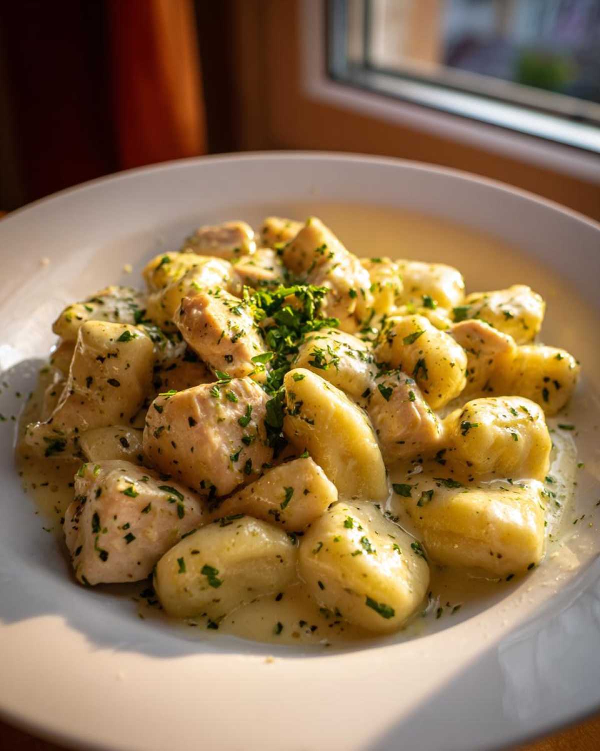 A close-up of Creamy Chicken Gnocchi with Garlic Sauce, garnished with fresh parsley.