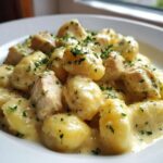 A close-up of tender gnocchi and chicken pieces coated in a rich, creamy garlic sauce and sprinkled with fresh parsley.