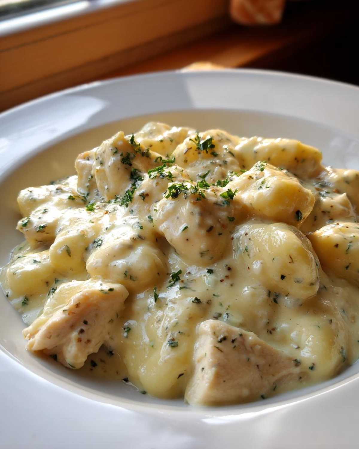 A close-up of tender gnocchi and chicken pieces coated in a rich, creamy garlic sauce and sprinkled with parsley.