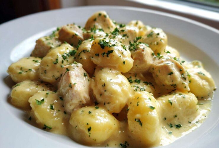 A close-up of tender gnocchi and chicken pieces coated in a rich, creamy garlic sauce and sprinkled with fresh parsley.