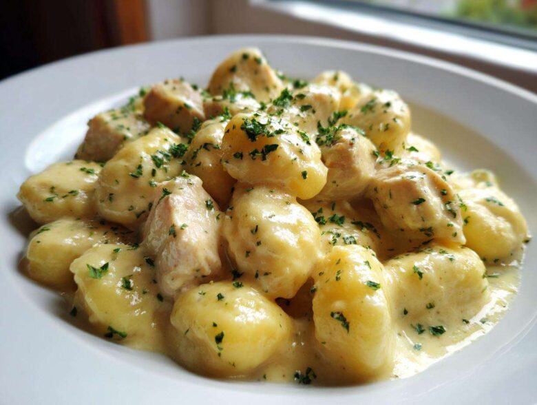 A close-up of tender gnocchi and chicken pieces coated in a rich, creamy garlic sauce and sprinkled with fresh parsley.