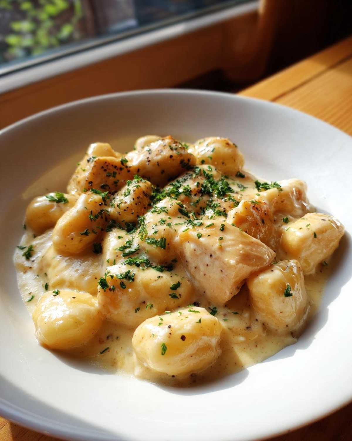 Close-up of a white bowl filled with Creamy Chicken Gnocchi with Garlic Sauce, garnished with parsley.
