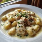 Close-up of tender gnocchi and chunks of chicken bathed in a rich Creamy Chicken Gnocchi with Garlic Sauce, garnished with parsley.
