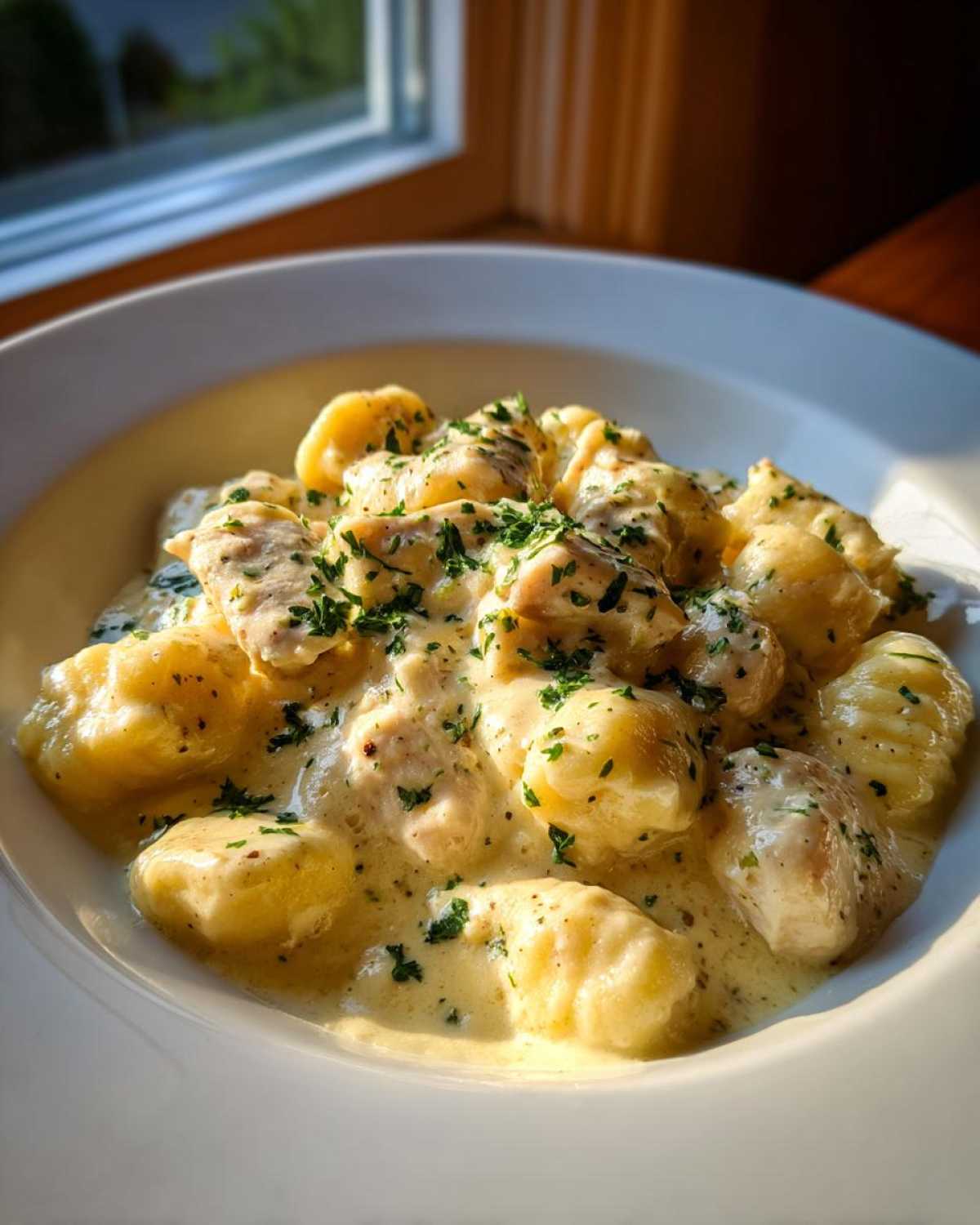 Close-up of delicious Creamy Chicken Gnocchi with Garlic Sauce, garnished with fresh parsley, served in a white bowl.