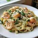 A close-up of creamy Garlic Butter Shrimp Alfredo Pasta topped with grated Parmesan and fresh parsley.