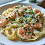 A close-up of creamy Garlic Butter Shrimp Alfredo Pasta topped with fresh parsley and grated Parmesan cheese.