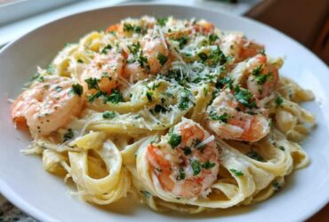 A close-up of creamy Garlic Butter Shrimp Alfredo Pasta topped with fresh parsley and grated Parmesan cheese.