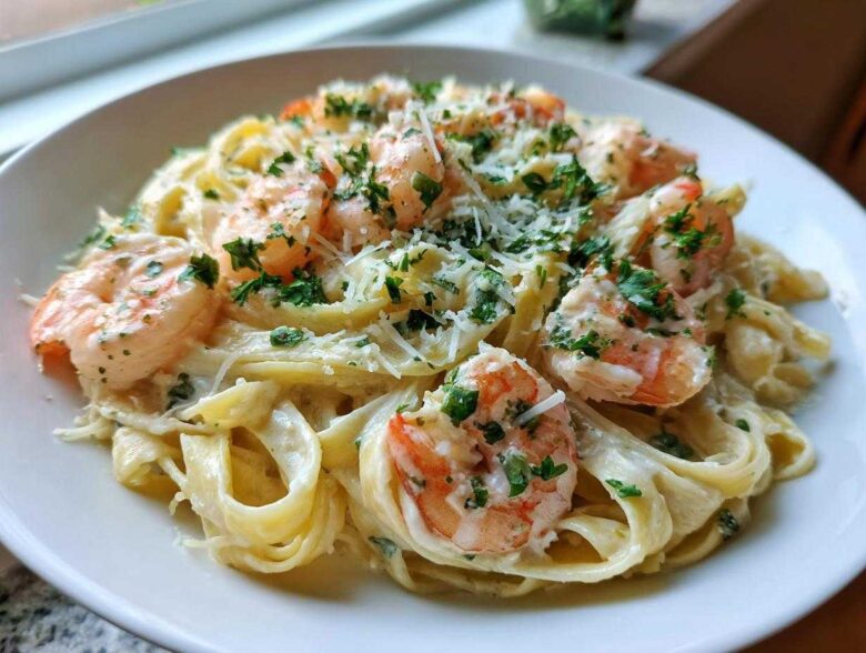A close-up of creamy Garlic Butter Shrimp Alfredo Pasta topped with fresh parsley and grated Parmesan cheese.