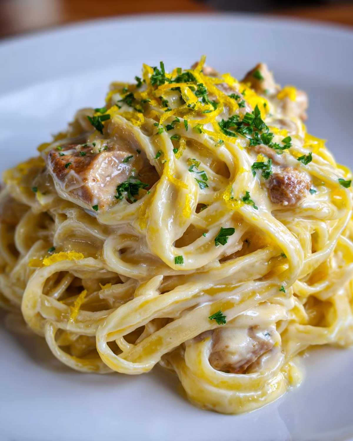 A close-up of rich Creamy Lemon Garlic Pasta with Chicken, topped with bright lemon zest and parsley.
