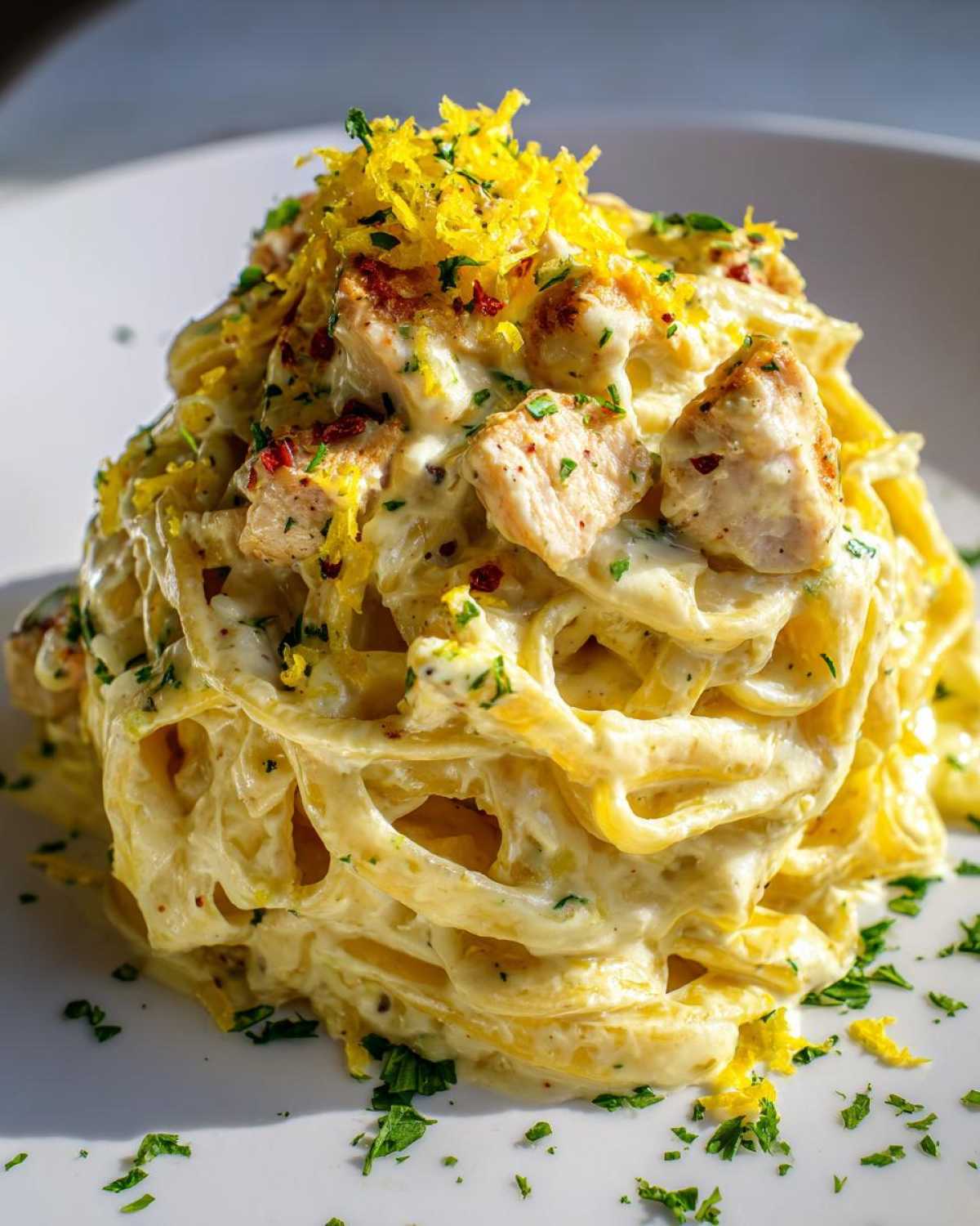 A tall serving of Creamy Lemon Garlic Pasta with Chicken, topped with bright lemon zest and parsley.