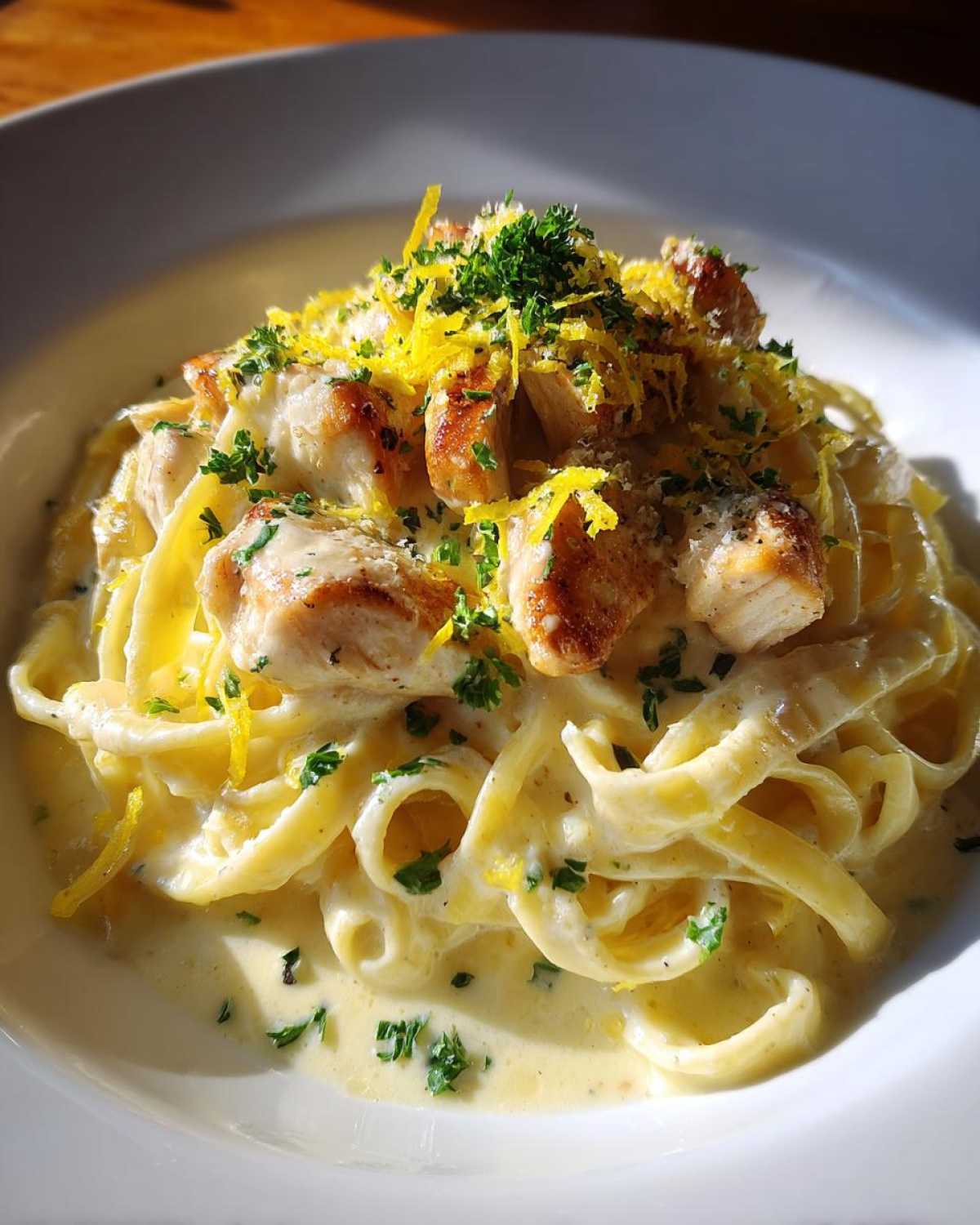 Close-up of Creamy Lemon Garlic Pasta with Chicken, topped with lemon zest and parsley.