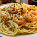 Close-up of a plate of Creamy Lemon Garlic Shrimp Pasta, topped with plump shrimp and fresh parsley.
