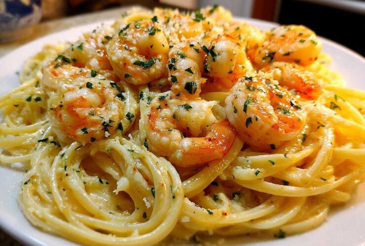 Close-up of a plate of Creamy Lemon Garlic Shrimp Pasta, topped with plump shrimp and fresh parsley.