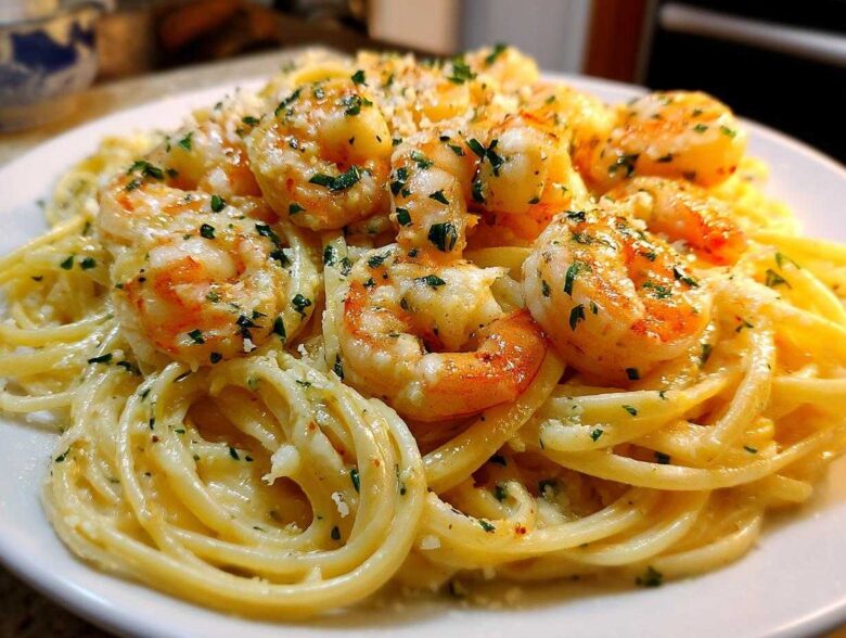 Close-up of a plate of Creamy Lemon Garlic Shrimp Pasta, topped with plump shrimp and fresh parsley.